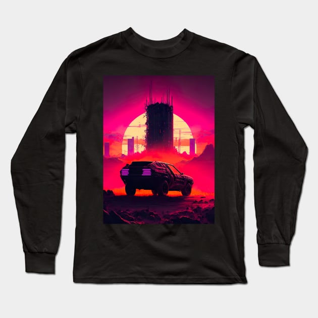 Dystopian Cyberpunk City And Retro Futuristic Car In Synthwave Aesthetic Long Sleeve T-Shirt by Nightarcade